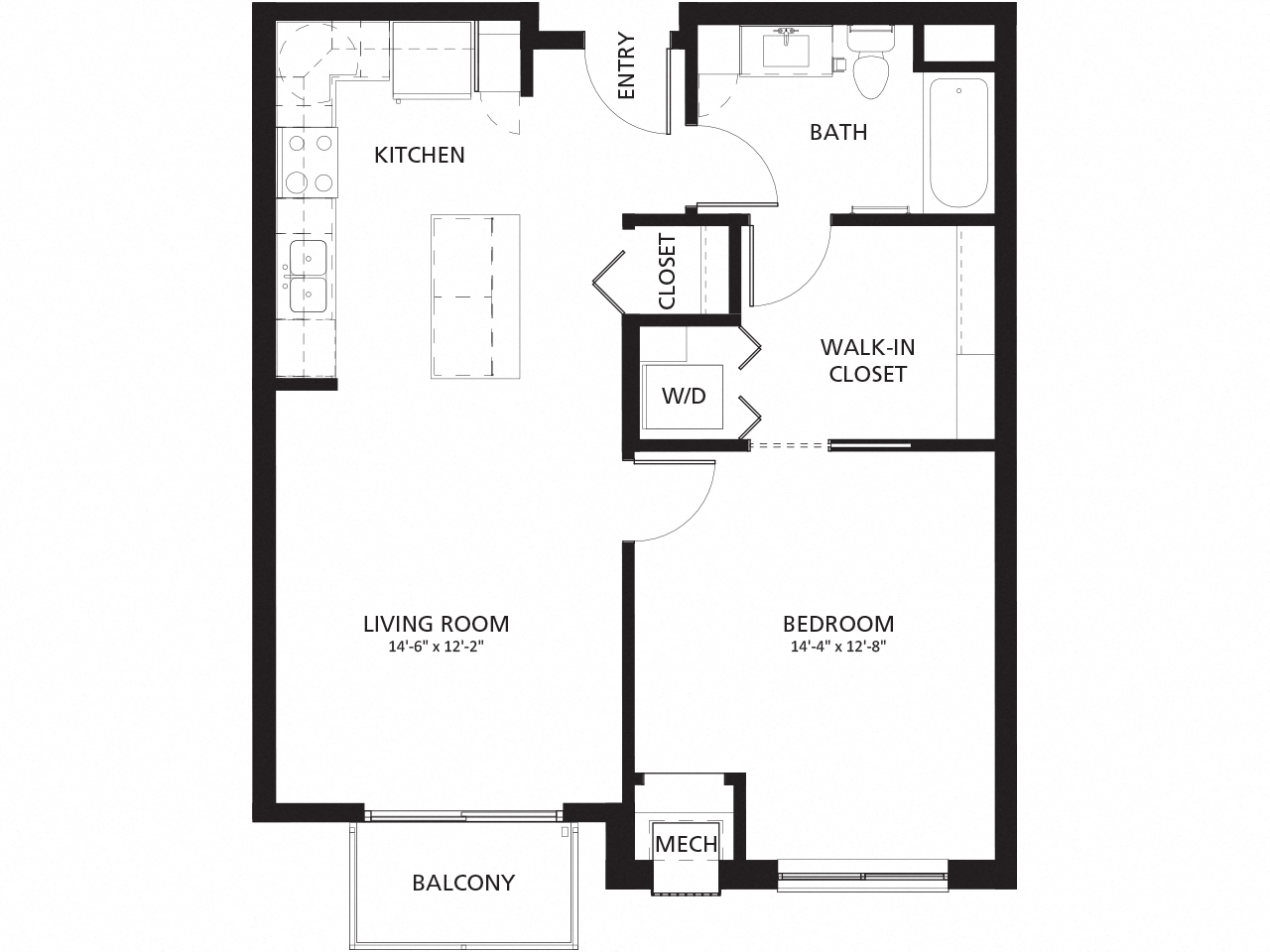 Floor plan for 1 bed, 1 bath, 750 sqft